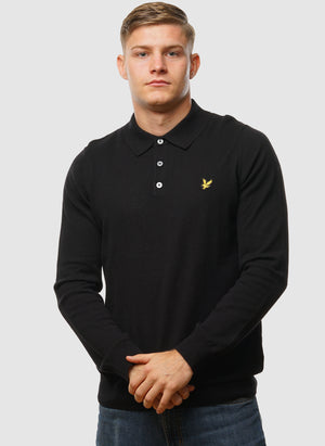 Cotton Merino Long Sleeve Knitted Polo - Jet Black